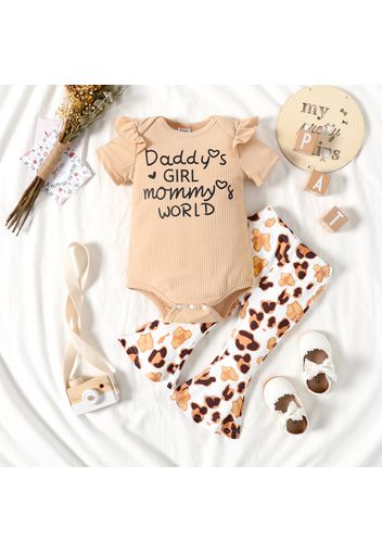 2pcs Baby Girl Letter Print Ribbed Short-sleeve Romper and Leopard Bell Bottom Pants Set