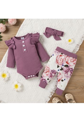 Baby Girl 3pcs Ribbed Rose Floral Print Long Sleeve Romper Set