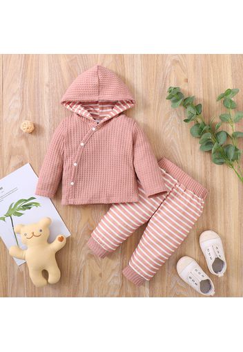 2pcs Baby Boy/Gorl Waffle Long-sleeve Hooded Snap Top and Striped Pants Set