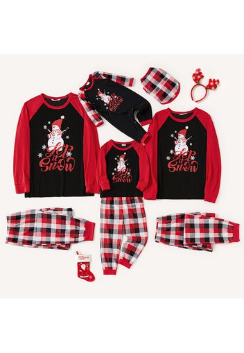 Christmas Snowman and Red Plaid Print Family Matching Long-sleeve Pajamas Sets (Flame Resistant)