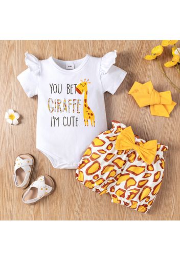 3pcs Baby Girl Cartoon Giraffe Letter Print Ruffle Short-sleeve Romper and Bowknot Shorts with Headband Set