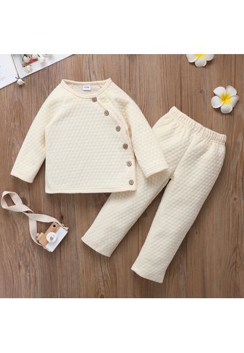 2-piece Toddler Girl Button Design Textured Solid Color Sweatshirt and Pants Set