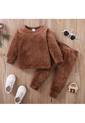 2pcs Baby Boy/Girl Solid Ribbed Fleece Long-sleeve Pullover and Trousers Set