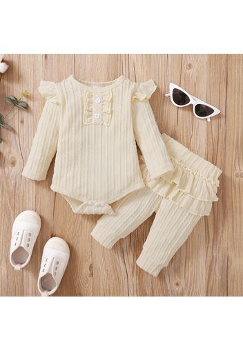 2pcs Baby Girl Solid Cable Knit Long-sleeve Romper and Layered Ruffle Trousers Set