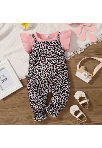 2pcs Baby Girl 95% Cotton Rib Knit Flutter-sleeve Romper and Leopard Cami Jumpsuit Set