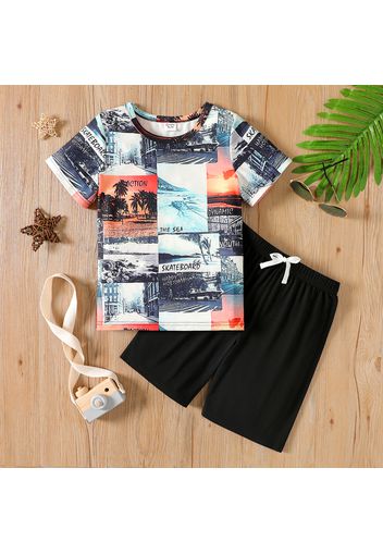 2pcs Kid Boy Allover Print Short-sleeve Tee and Elasticized Black Shorts Set