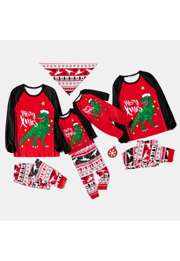 Christmas Dinosaur and Letter Print Red Family Matching Raglan Long-sleeve Pajamas Sets (Flame Resistant)