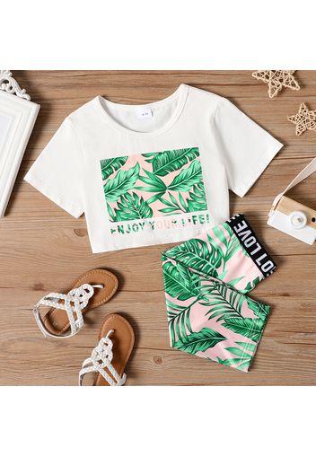 2pcs Kid Girl Letter Floral Leaf Print Short-sleeve Crop Tee and Leggings Shorts Set