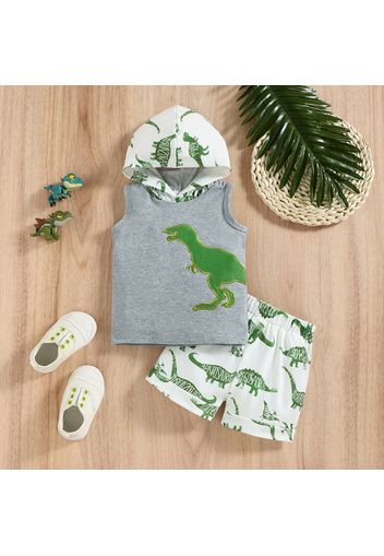 2pcs Baby Boy Allover Dinosaur Print Hooded Tank Top and Shorts Set