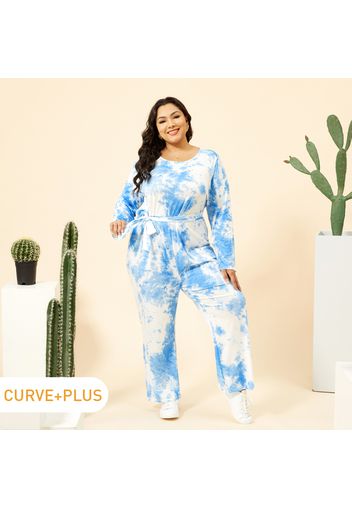 Women Plus Size Casual Tie Dye Tie Belt Long-sleeve Jumpsuit