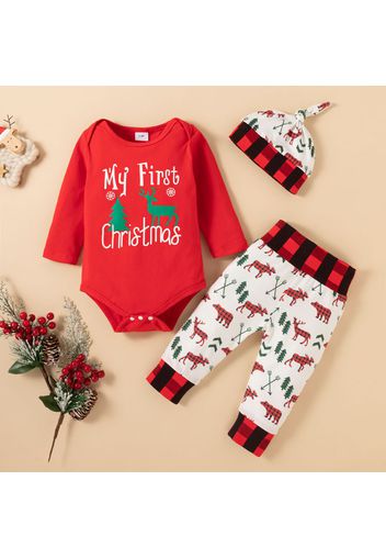 Christmas 3pcs Baby Boy Letter and Reindeer Print Long-sleeve Romper and Trousers Set