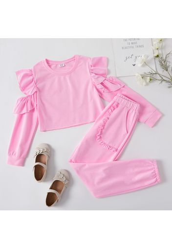 2-piece Kid Girl Cold Shoulder Flounce Flutter-sleeve Top and Ruffle Pocket Pants Solid Sweet Set