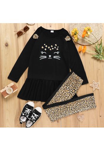 2-piece Kid Girl Cat Print Long-sleeve Ruffle Hem Top and Leopard Print Pants Set