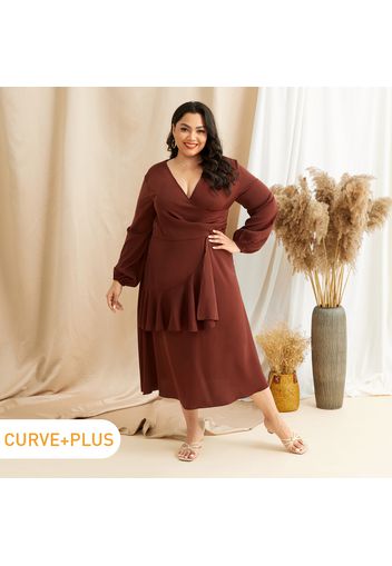 Women Plus Size Casual Surplice Neck Flounce Long-sleeve Midi Dress