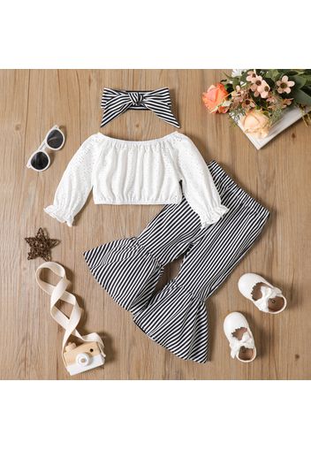 3pcs Baby Girl Solid Eyelet Textured Off Shoulder Long-sleeve Crop Top and Pinstripe Flared Pants with Headband Set