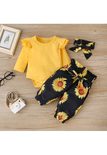 3pcs Sunflower Print Long-sleeve Yellow Baby Set