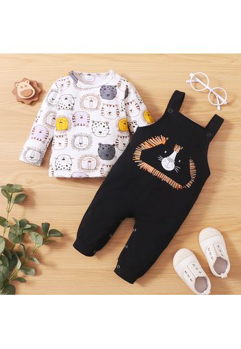 2pcs Baby Boy All Over Cartoon Lion Print Long-sleeve T-shirt and Black Overalls Set