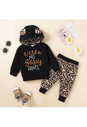 2pcs Baby Girl 3D Ears Letter Print Long-sleeve Hoodie and Leopard Trousers Set