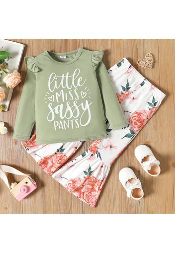 2-piece Toddler Girl Letter Print Ruffled Long-sleeve Top and Floral Print Flared Pants Set