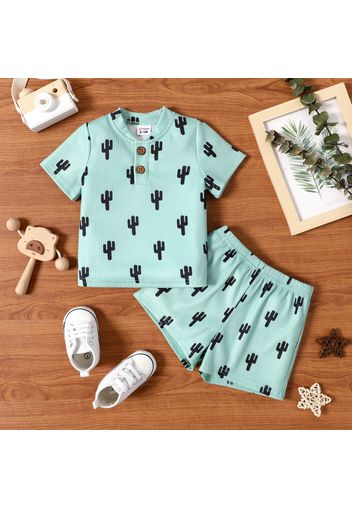 2pcs Baby Boy All Over Cactus Print Ribbed Short-sleeve Button Up Top and Shorts Set