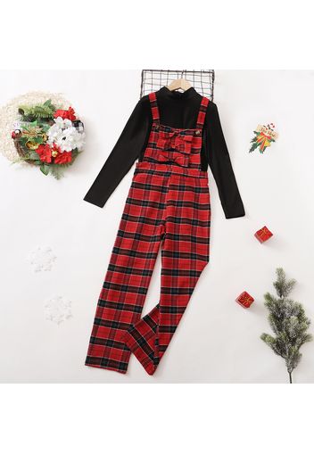 2-piece Kid Girl Christmas Mock Neck Long-sleeve Ribbed Black Tee and Bowknot Design Plaid Overalls Set