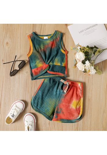 2pcs Toddler Girl 100% Cotton Tie Dyed Twist Knot Sleeveless Tee and Bowknot Design Shorts Set