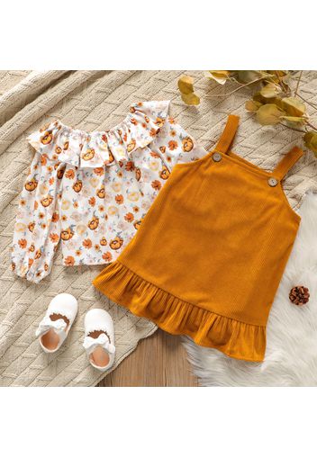 2-piece Toddler Girl Floral Print Flounce Long-sleeve Top and Ruffle Hem Overall Dress Set