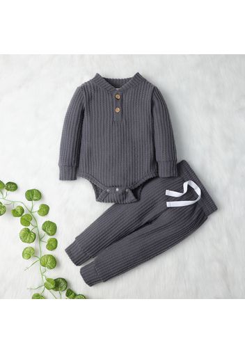 2pcs Solid Waffle Long-sleeve Baby Set