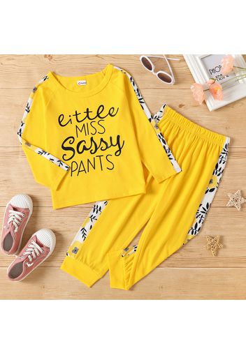 2-piece Toddler Girl Letter Leaf Print Long-sleeve Top and Elasticized Pants Casual Set