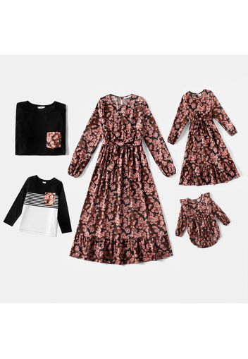 Family Matching All Over Floral Print Long-sleeve Midi Dresses and Black T-shirts Sets