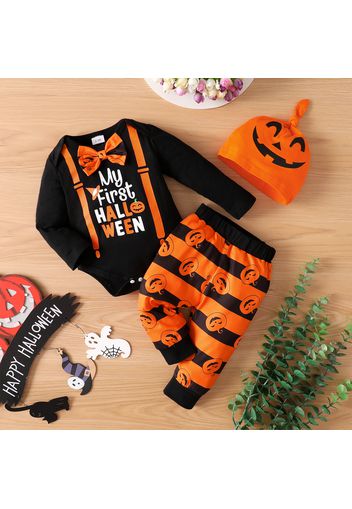 Baby 3pcs Halloween Letter and Pumpkin Bow Tie Long-sleeve Romper Set