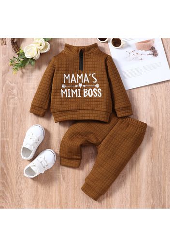 2pcs Baby Girl Letter Embroidered Textured Long-sleeve Zip Top and Trousers Set