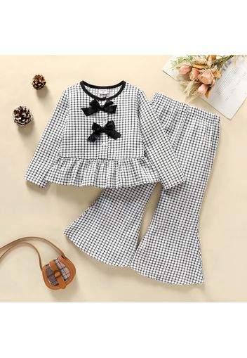 2-piece Toddler Girl Plaid Bow Decor Long-sleeve Top and Bellbottom Pants Set