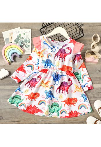 Toddler Girl Ruffled Dinosaur Print Long-sleeve Dress