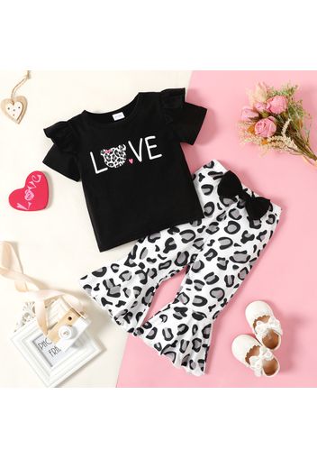 2pcs Baby Girl Letter Print Ruffle Short-sleeve T-shirt and Leopard Bowknot Flared Pants Set