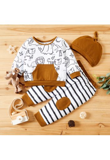 3-piece Baby Girl Animal Tree Print Long-sleeve Top, Striped Patchwork Pants and Solid Cap Set