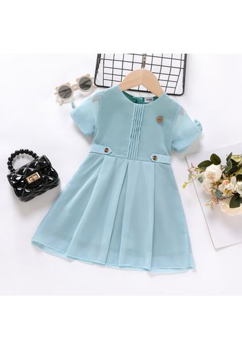 Dress Like Wind Toddler Girl Solid Bow and Button Decor Short-sleeve Blue Pleated Dress