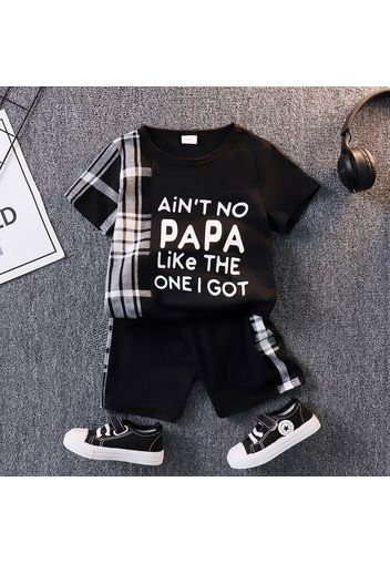 2pcs Toddler Boy Trendy Letter Print Plaid Splice Tee and Shorts Set