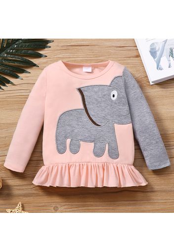 Toddler Girl Elephant Print Ruffle Hem Long-sleeve Tee