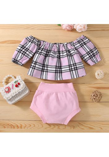 2pcs Baby Girl Pink Plaid Off Shoulder 3/4 Sleeve Top and Solid Shorts Set