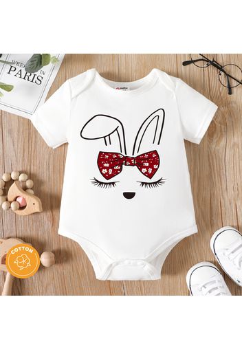 Baby Girl 95% Cotton Short-sleeve Cartoon Rabbit Print White Romper