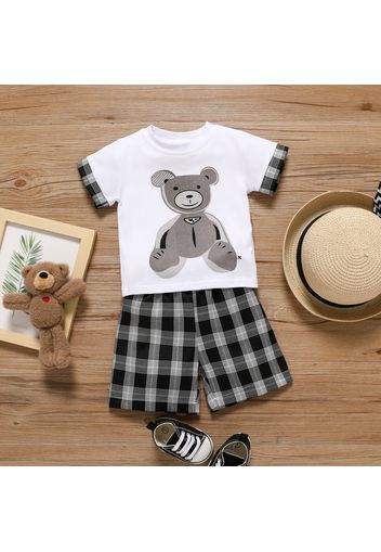 2pcs Baby Boy Cartoon Bear Print Short-sleeve T-shirt and Plaid Shorts Set