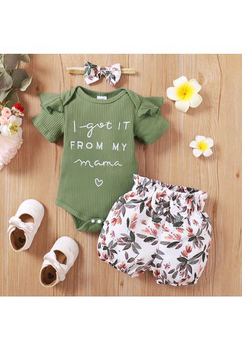 3pcs Baby Girl 95% Cotton Ribbed Ruffle Short-sleeve Letter Embroidered Romper and Allover Floral Print Shorts with Headband Set