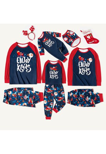 Christmas Santa Claus Reindeer Sleigh and Letters Print Family Matching Long-sleeve Pajamas Sets (Flame Resistant)