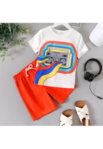 2-piece Kid Boy Colorblock Piano/Radio Print Short-sleeve Tee and Solid Color Shorts Set