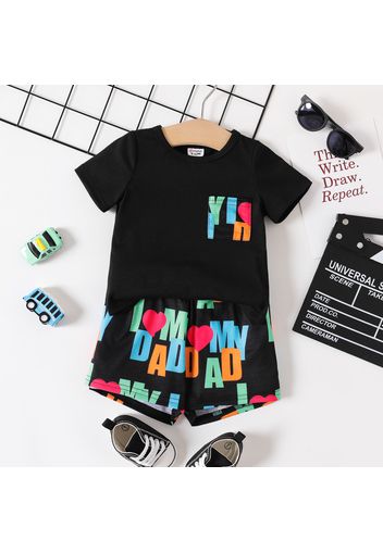 Father's Day 2pcs Baby Boy Short-sleeve T-shirt and All Over Love Heart Letter Print Shorts Set