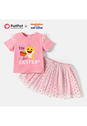 Baby Shark 2-piece Toddler Girl Easter Letter Print Cotton Tee and Polka dots Mesh Skirt Set