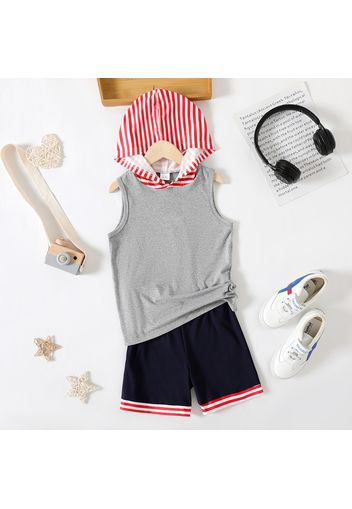 Independence Day 2pcs Kid Girl Striped Hooded Sleeveless Tee and Shorts Set