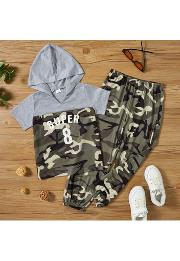 2pcs Kid Boy Letter Camouflage Print Colorblock Hooded Short-sleeve Tee and Pants Set