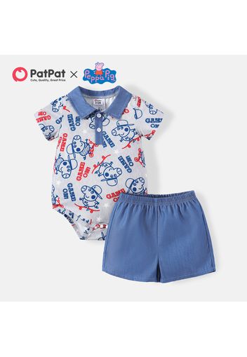 Peppa Pig 2-piece Baby Boy Contrast Collar Short-sleeve All Over Letter Print Romper and Imitation Denim Shorts Set